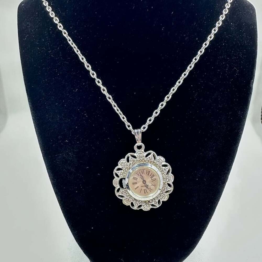 Vintage Swiss Made Pendant Watch Necklace Silver Tone Filigree Roman Numeral